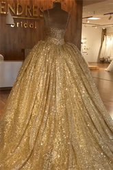 Gold Sequins Spaghetti Straps Lace Up Beadings Ball Gown for Party
